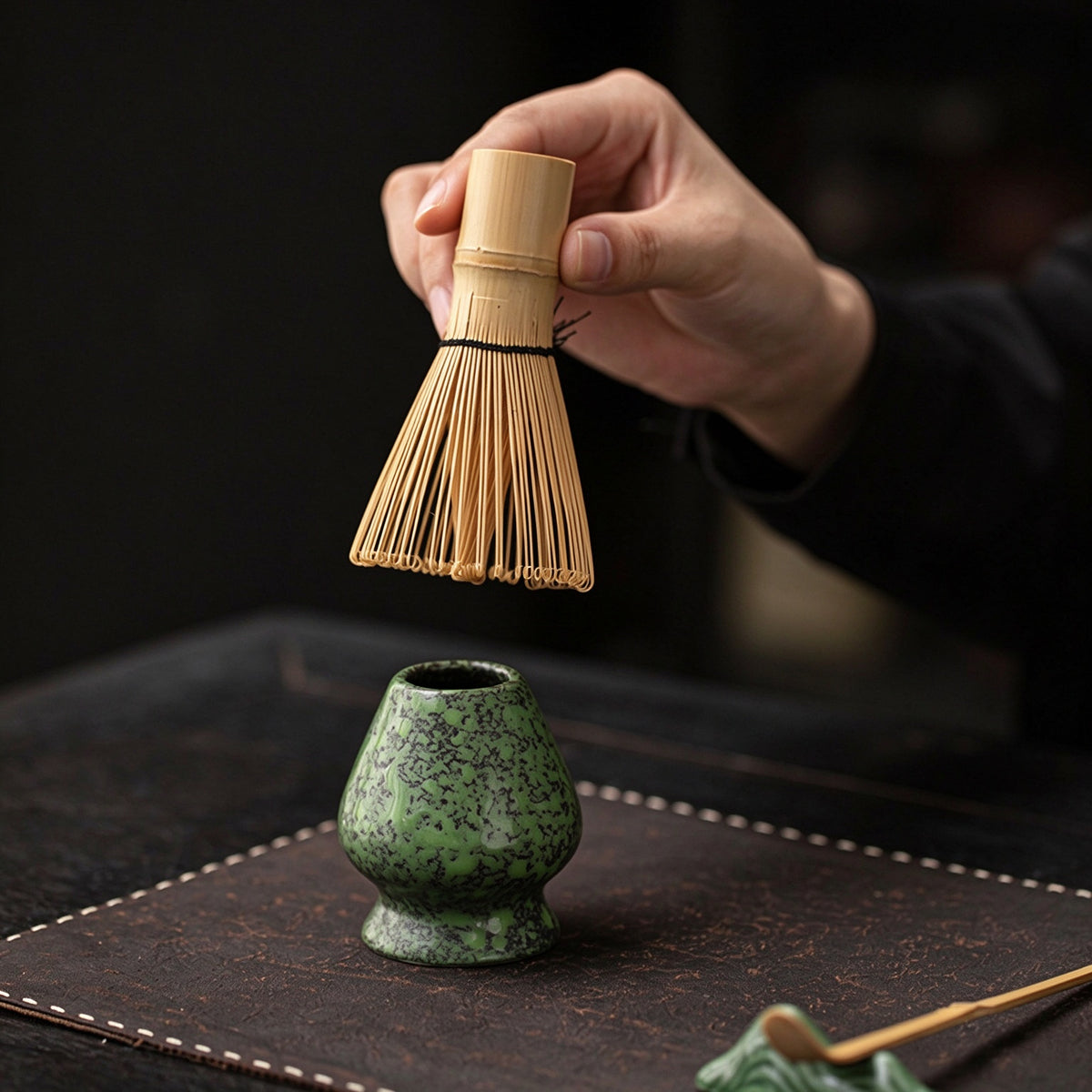 Green Tenmoku Matcha Chawan Set with Whisk Stand