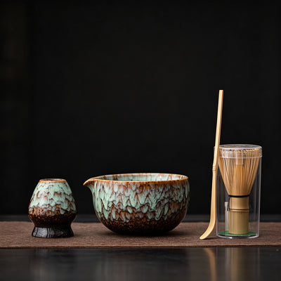 Wabi Sabi Flow Glaze Matcha Ceramic Set