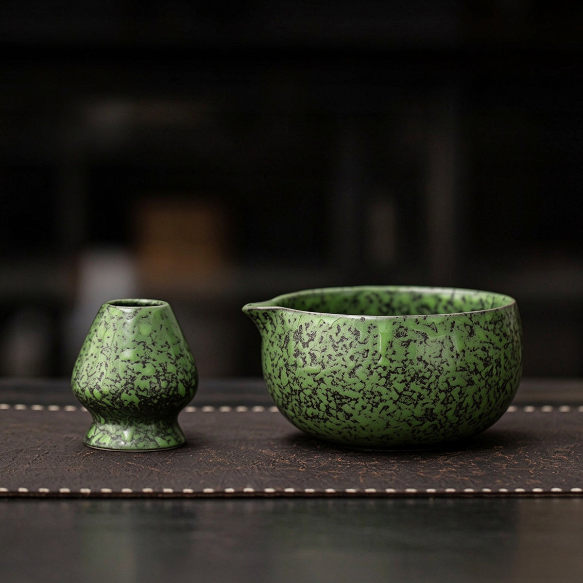 Green Tenmoku Matcha Chawan Set with Whisk Stand