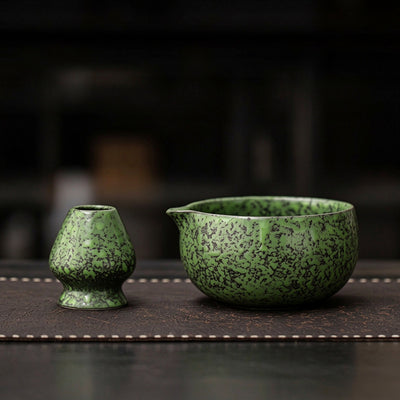 Green Tenmoku Matcha Chawan Set with Whisk Stand
